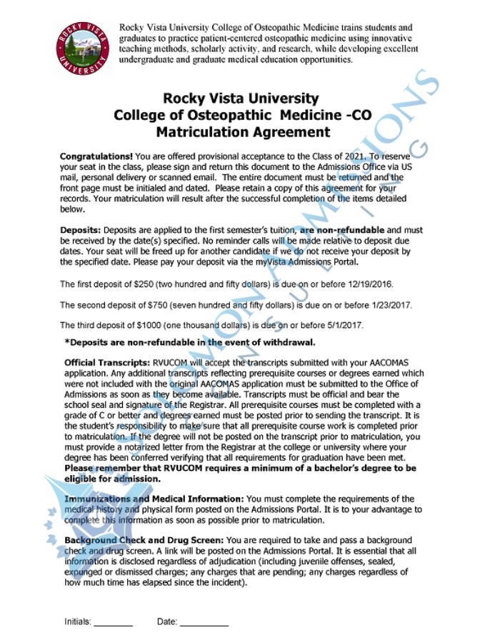 Rocky Vista College of Osteopathic Medicine Admission Letter 2018