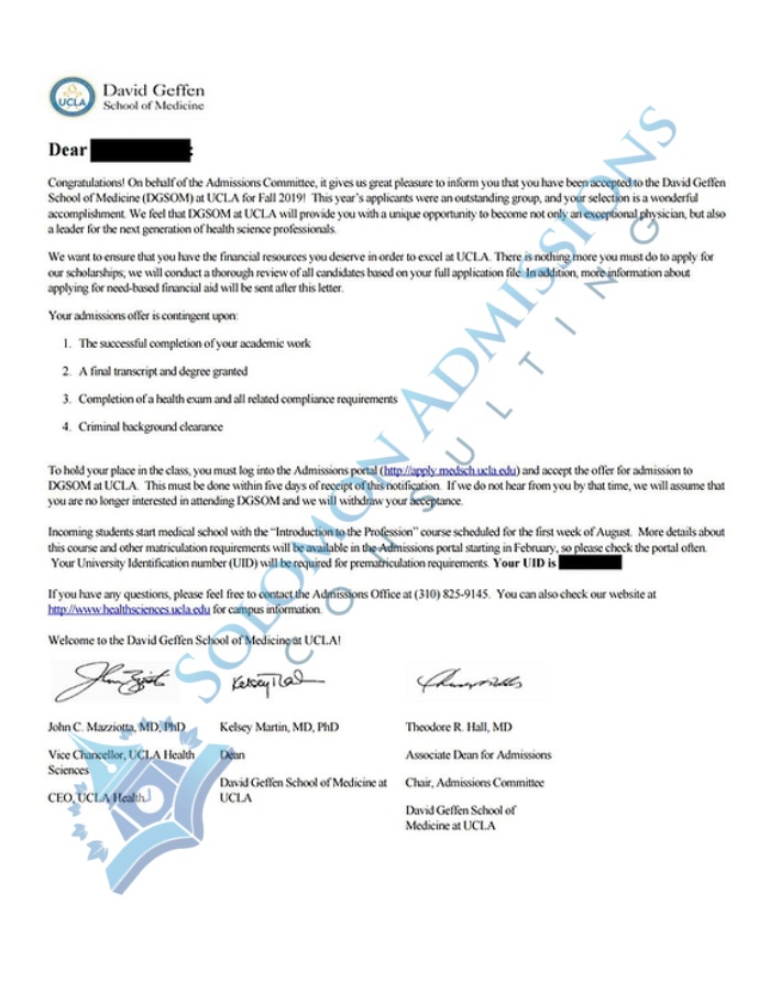 UCLA David Geffen School of Medicine Admission Letter 2018