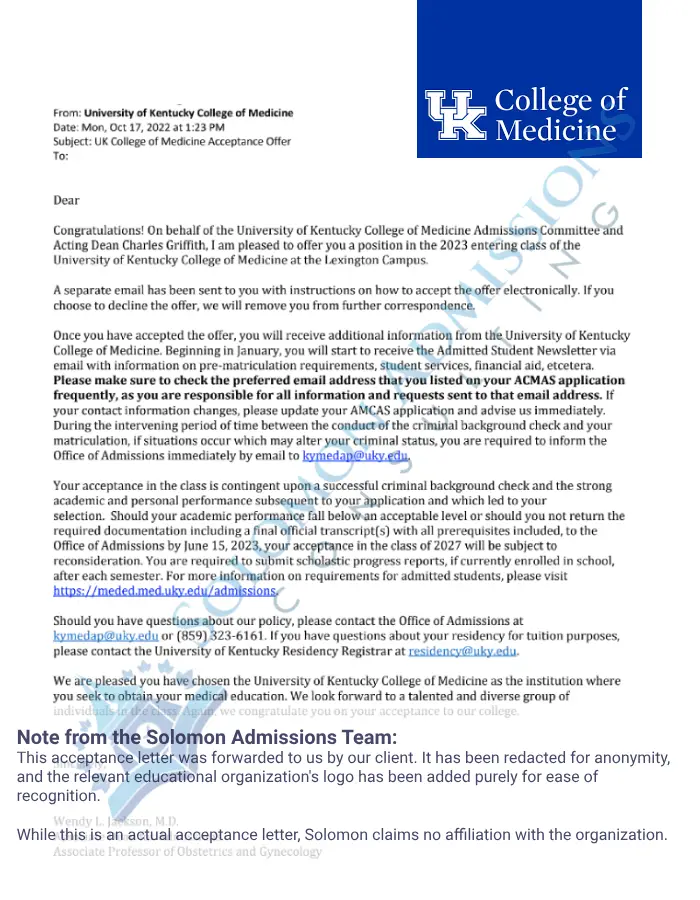 UK College of Medicine Admission Letter 2022