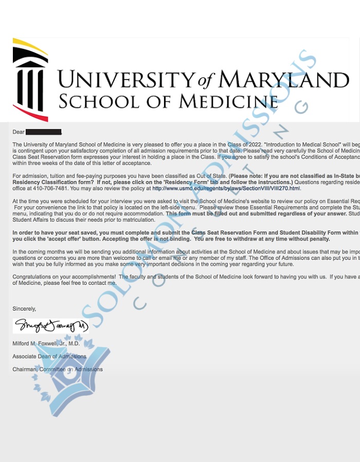 Maryland School of Medicine Admission Letter 2018
