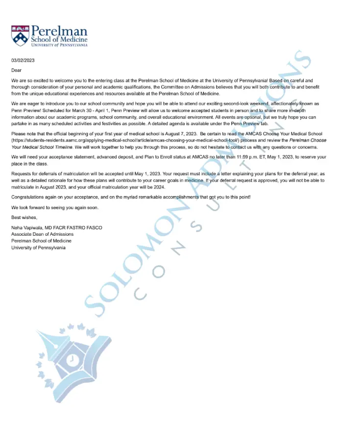 UPenn Perelman School of Medicine Admission Letter 2022