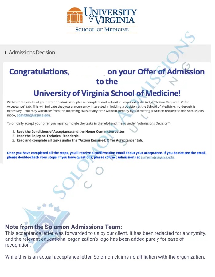 UVA School of Medicine Admission Letter 2022