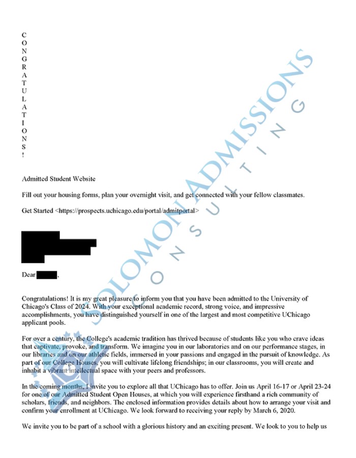 University of Chicago Admission Letter 2020