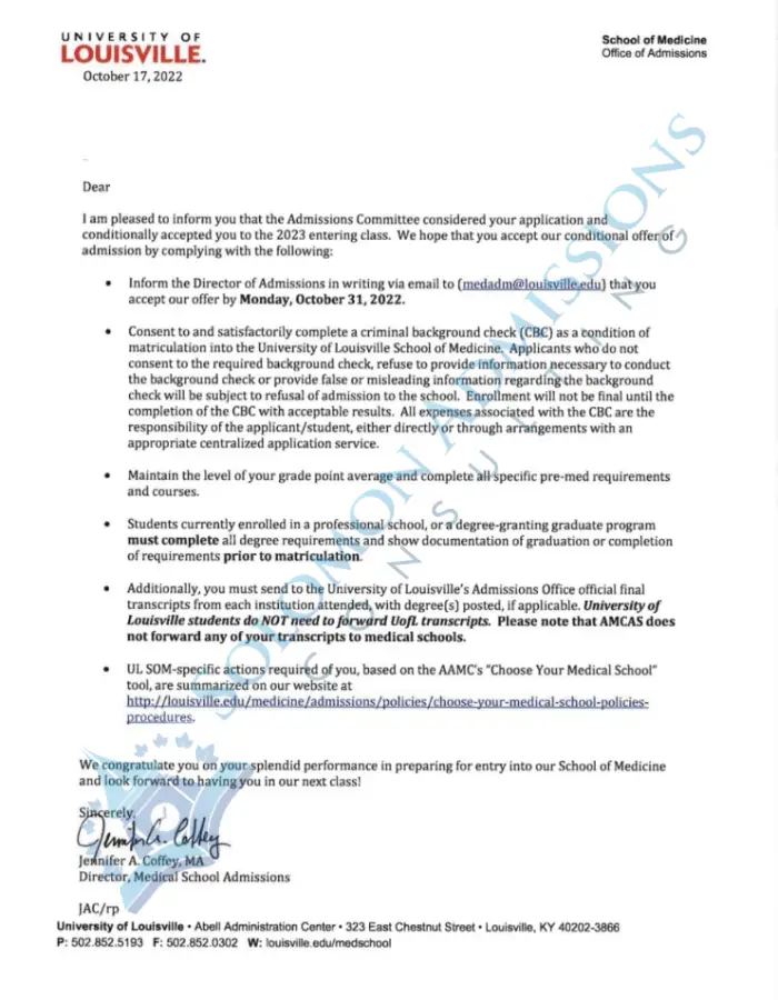 University of Louisville School of Medicine Admission Letter 2022