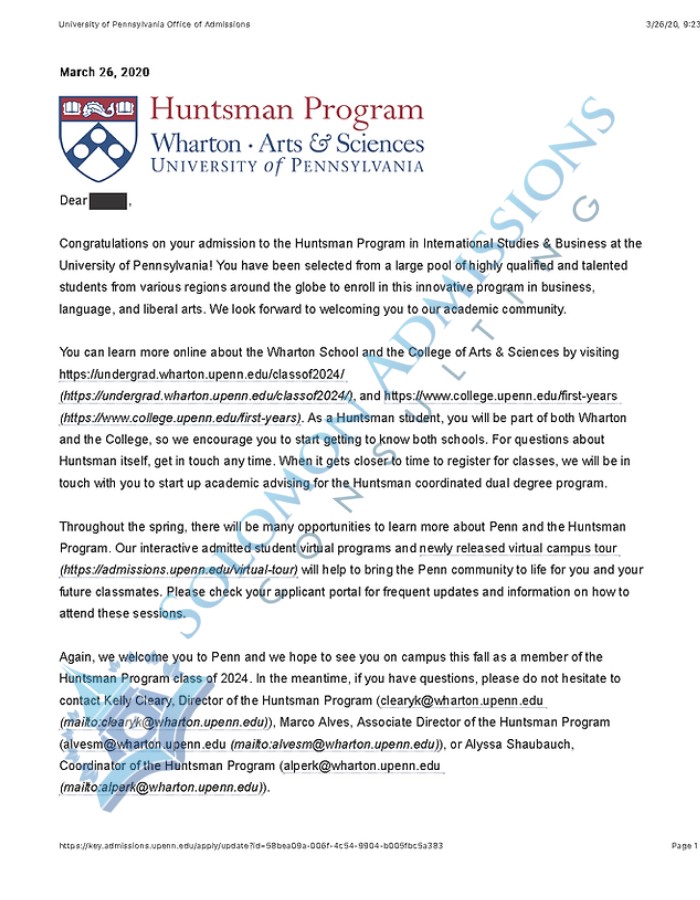 University of Pennsylvania Admission Letter 2020
