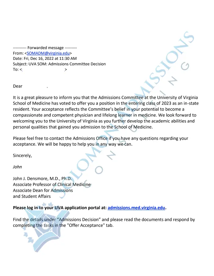 University of Virginia School of Medicine Admission Letter 2022
