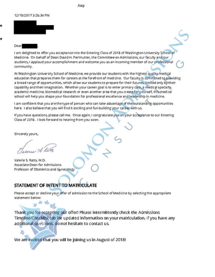 WashU School of Medicine Admission Letter 2018