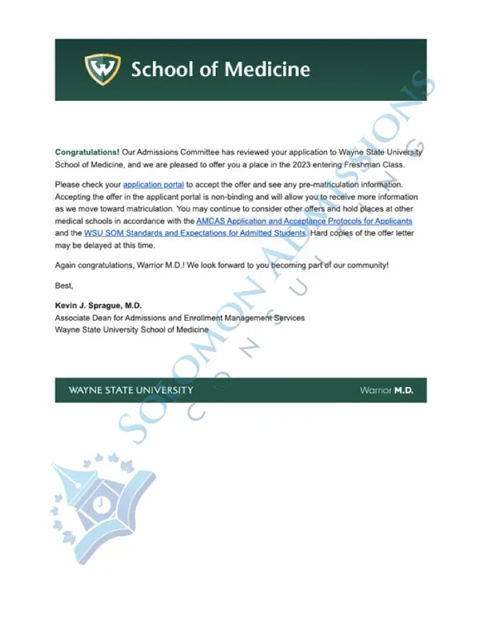 Wayne State University School of Medicine Admission Letter 2022