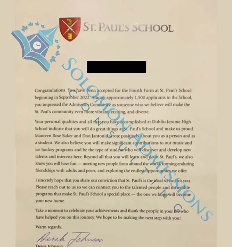 St. Paul's School Admission Letter