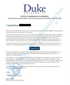 Duke Admission Letter - 2026