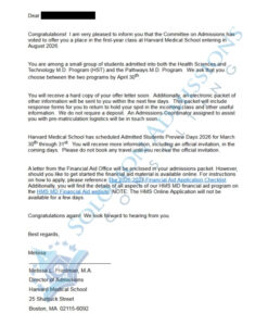 Harvard Medical School Admission Letter - 2026