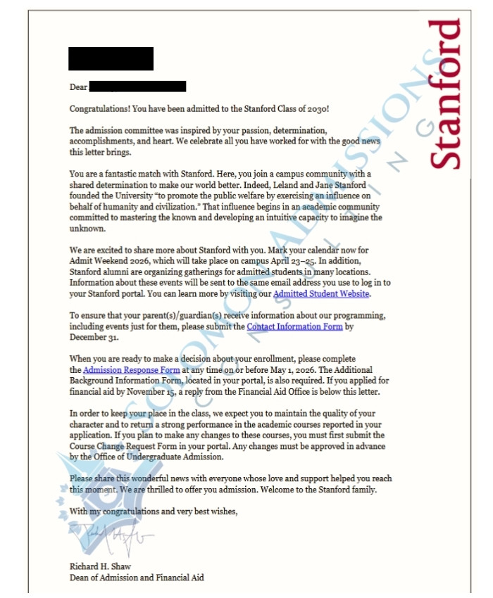 Stanford Admission Letter - 2026