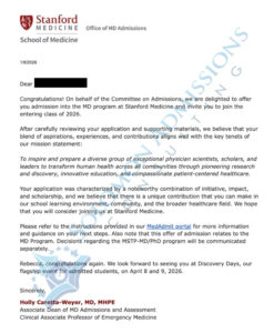 Stanford Medicine SOM Medical School Admission Letter - 2026