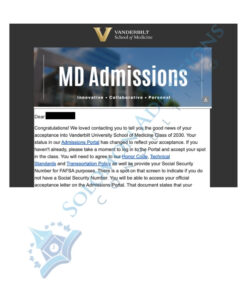 Vanderbilt SOM Medical School Admission Letter - 2026